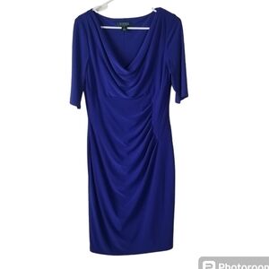 Lauren Ralph Lauren Draped Cowl Neck Royal Blue Sheath Dress Pleated Front 10